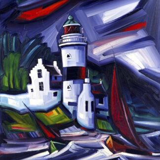 An abstract painting of a lighthouse with a boat and swirling strokes of vibrant colors. By Raymond Murray
